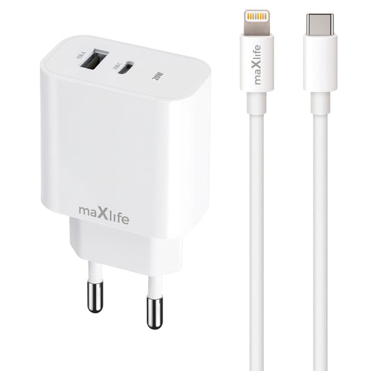 Punjač za mrežu s Lightning kabelom MaXlife MXTC-06-20AC, 20W, 3A, 1 x USB-A - 1 x USB-C, Bijeli