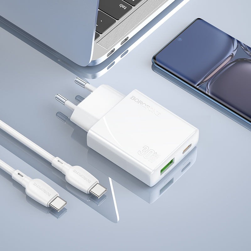 Mrežni punjač s USB-C kabelom Borofone BN25 Wish, 30W, 3A, 1 x USB-A - 1 x USB-C, bijeli