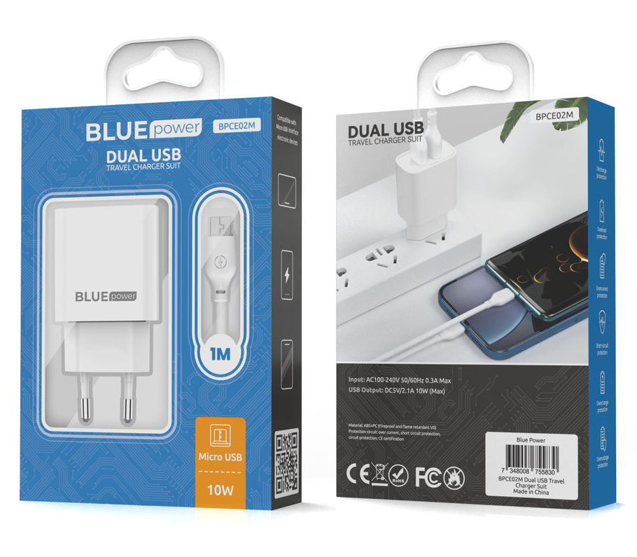 Punjač za mrežu s mikro USB kabelom Blue Power BPCE02M, 10.5W, 2.1A, 2 x USB-A, Bijeli