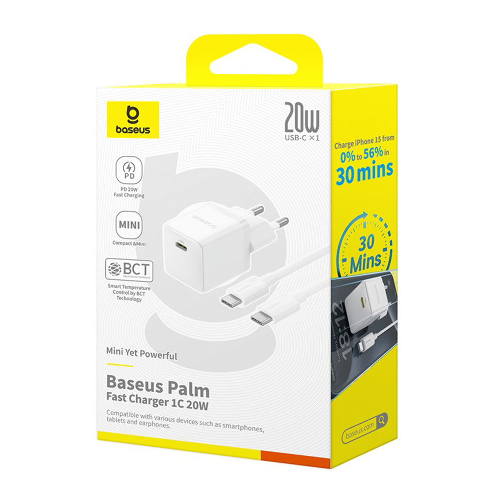 Punjač za mrežu s USB-C kabelom Baseus Palm, 20W, 3A, 1 x USB-C, Bijeli P10111602213-01