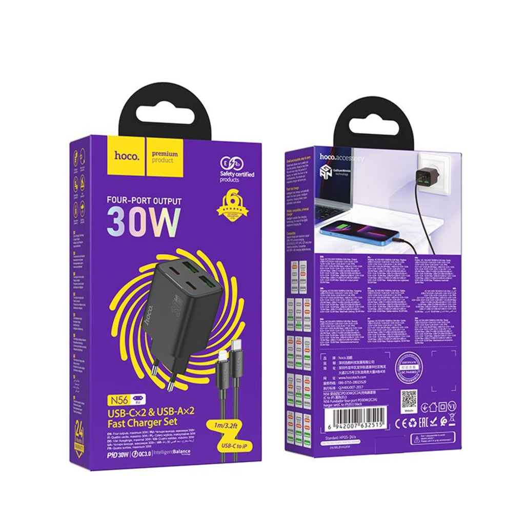Mrežni punjač s Lightning kabelom HOCO N56, 30W, 3A, 2 x USB-A - 2 x USB-C, Crni