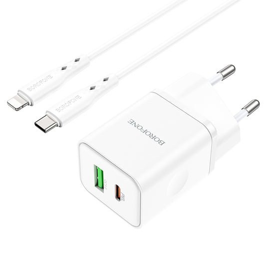 Mrežni punjač s Lightning kabelom Borofone BN7, 20W, 3A, 1 x USB-A - 1 x USB-C, Bijeli