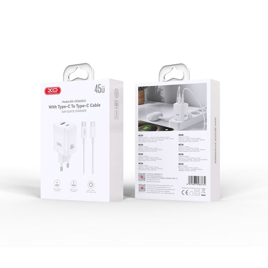 Punjač mreže s USB-C kabelom XO Design CE36, 45W, 3A, 1 x USB-A - 1 x USB-C, Bijeli