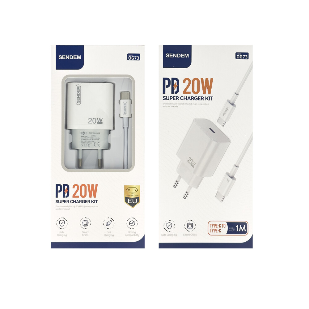 Punjač za mrežu s USB-C kabelom Sendem OG73, 20W, 3A, 1 x USB-C, Bijeli