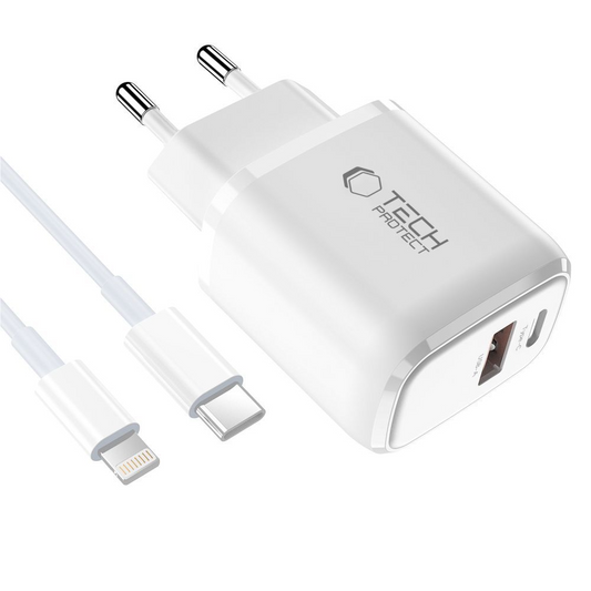 Mrežni punjač s Lightning kabelom Tech-Protect NCA20, 20W, 3A, 1 x USB-A - 1 x USB-C, Bijeli