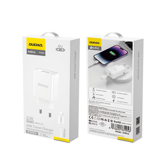 Punjač za mrežu s Lightning kabelom Dudao A4EU, 10W, 2.1A, 1 x USB-A, Bijeli