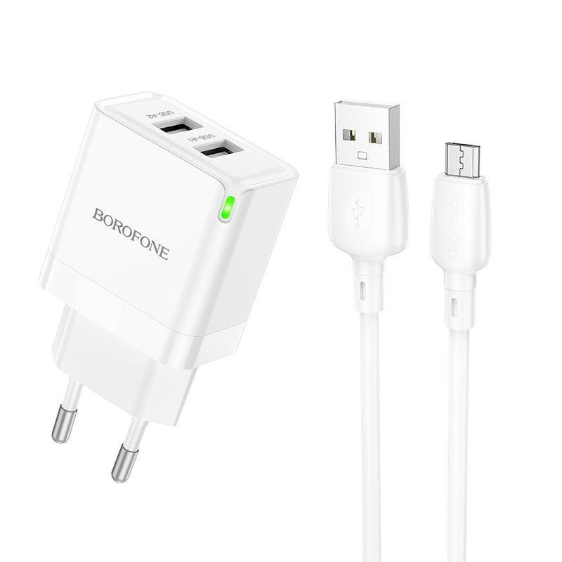 Punjač za mrežu s microUSB kabelom Borofone BN15 Strong, 10.5W, 2.1A, 2 x USB-A, Bijeli