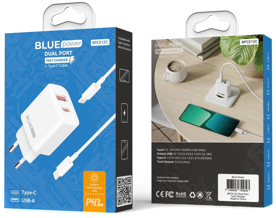Punjač za mrežu s USB-C kabelom Blue Power BPCE12C, 20W, 3A, 1 x USB-A - 1 x USB-C, bijeli