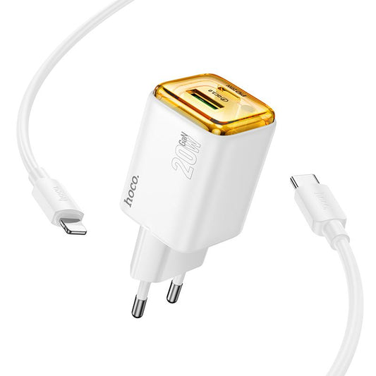 Punjač za mrežu s USB-C kabelom HOCO N52, 20W, 3A, 1 x USB-A - 1 x USB-C, Bijeli