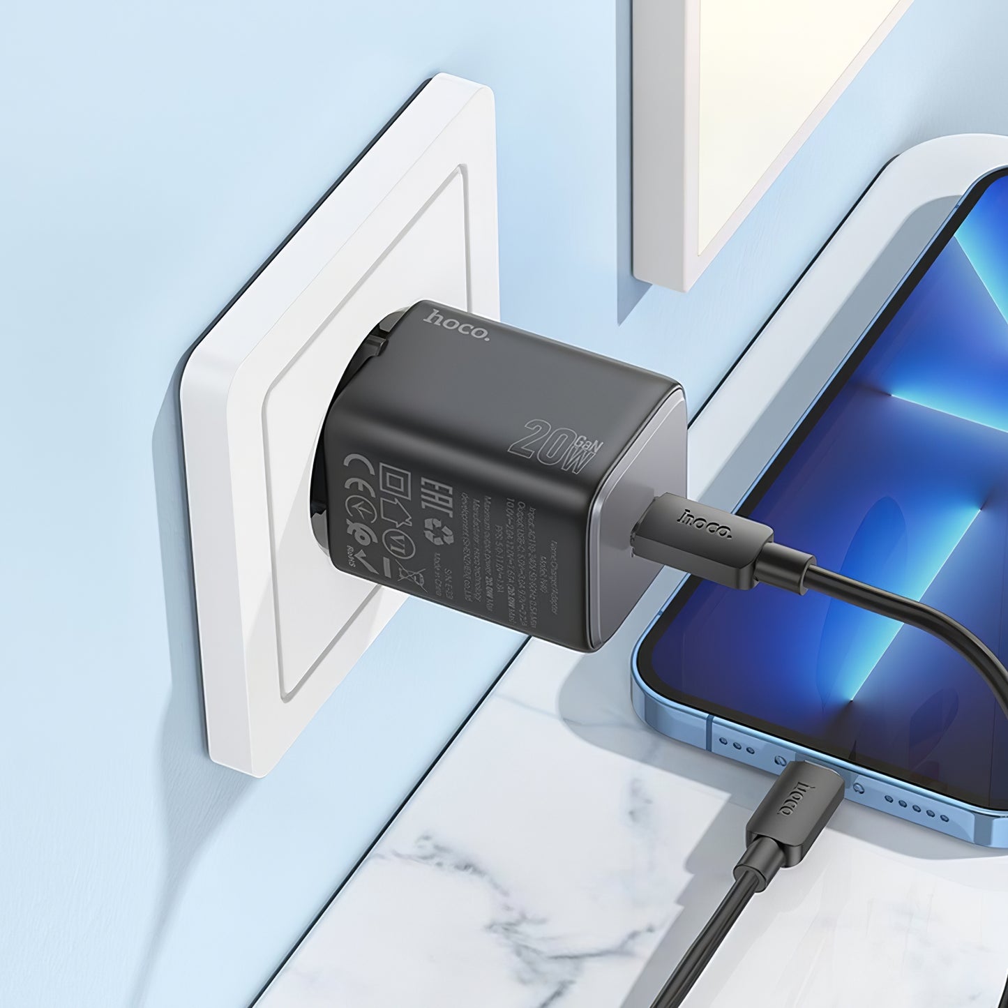 Mrežni punjač s Lightning kabelom HOCO N40, 20W, 3A, 1 x USB-C, crni