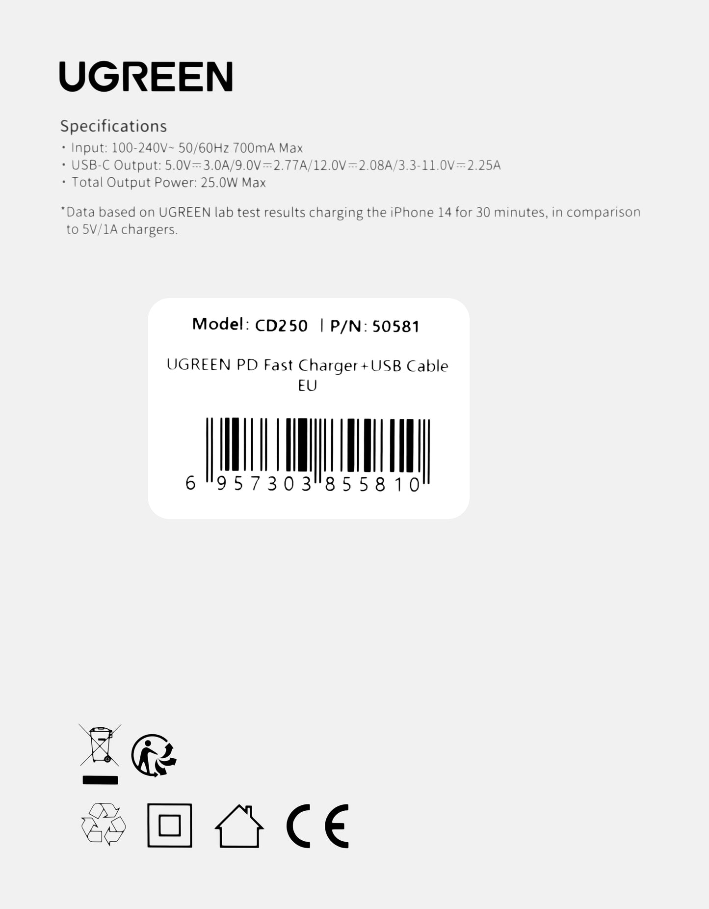 Punjač za mrežu s USB-C kabelom UGREEN CD250, 25W, 3A, 1 x USB-C, crni