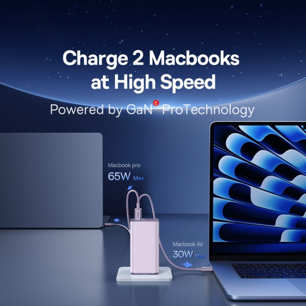 Punjač za mrežu s USB-C kabelom Baseus GaN6 Pro, 100W, 3.25A, 2 x USB-A - 2 x USB-C, Ljubičasti P10162705532-00