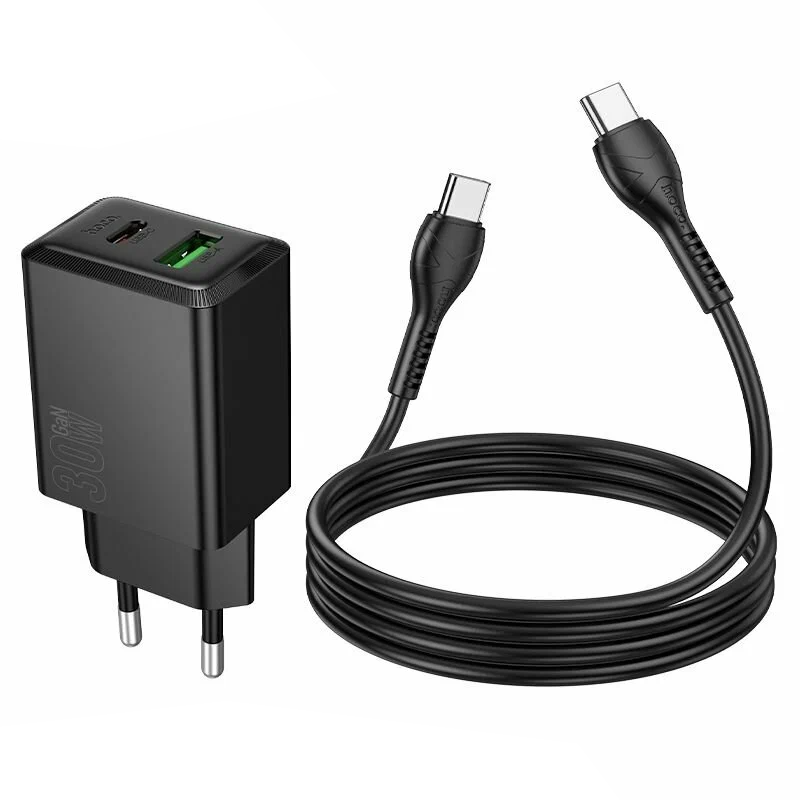 Punjač za mrežu s USB-C kabelom HOCO N71, 30W, 3A, 1 x USB-A - 1 x USB-C, Crni