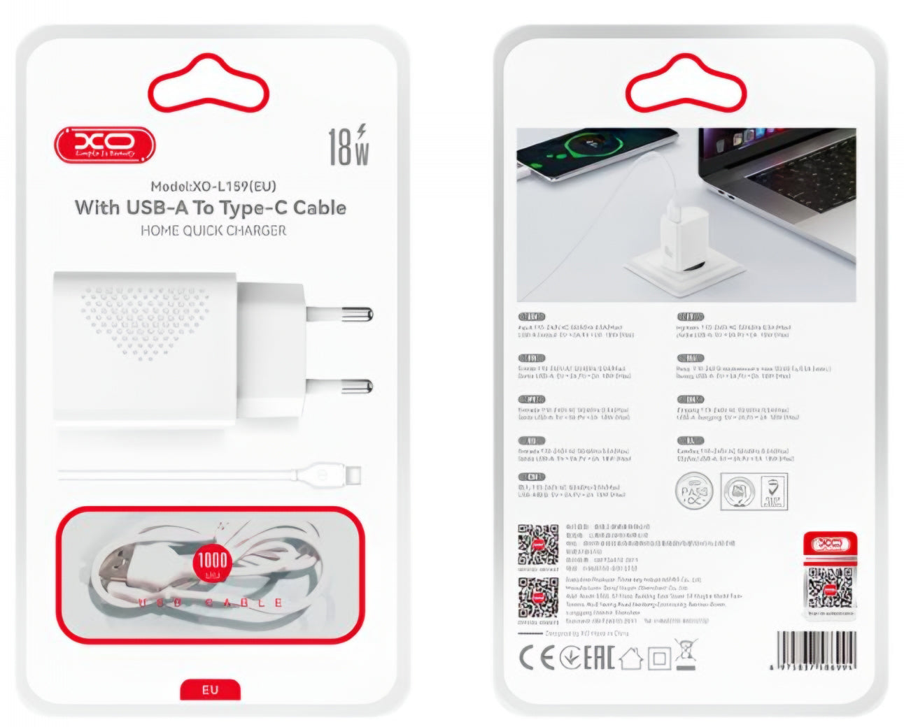 Punjač za mrežu s USB-C kabelom XO Design L159, 18W, 3A, 1 x USB-A, Bijeli