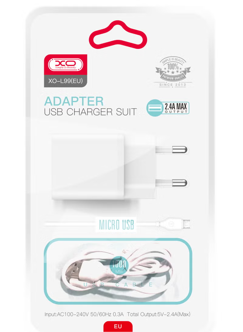 Punjač za mrežu s microUSB kabelom XO Design L99, 12W, 2.4A, 1 x USB-A, Bijeli