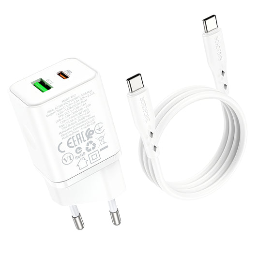 Mrežni punjač s USB-C kabelom Borofone BN7, 20W, 3A, 1 x USB-A - 1 x USB-C, bijeli