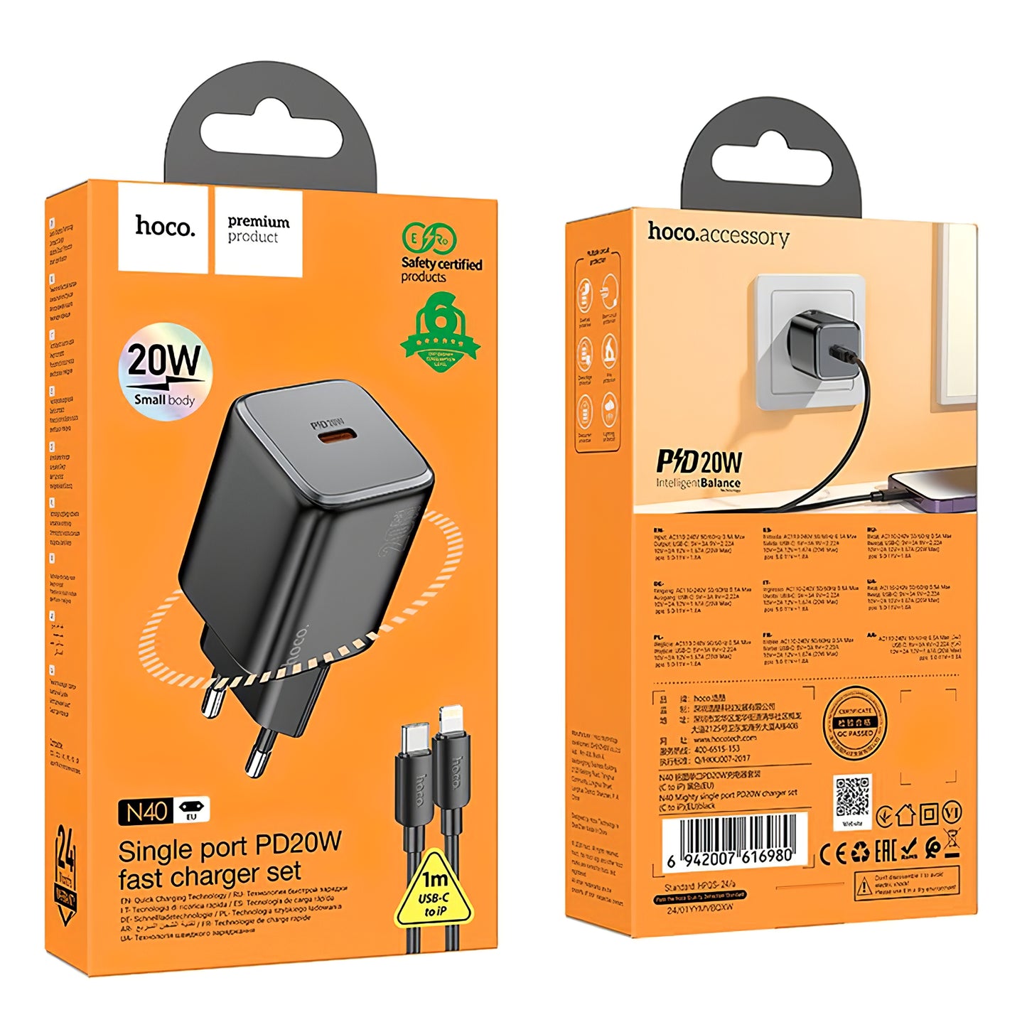 Mrežni punjač s Lightning kabelom HOCO N40, 20W, 3A, 1 x USB-C, crni