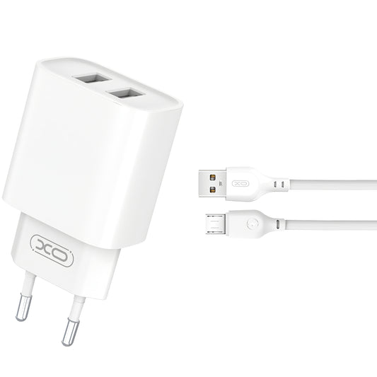 Punjač za mrežu s mikroUSB kabelom XO Design CE02C, 10.5W, 2.1A, 2 x USB-A, Bijeli
