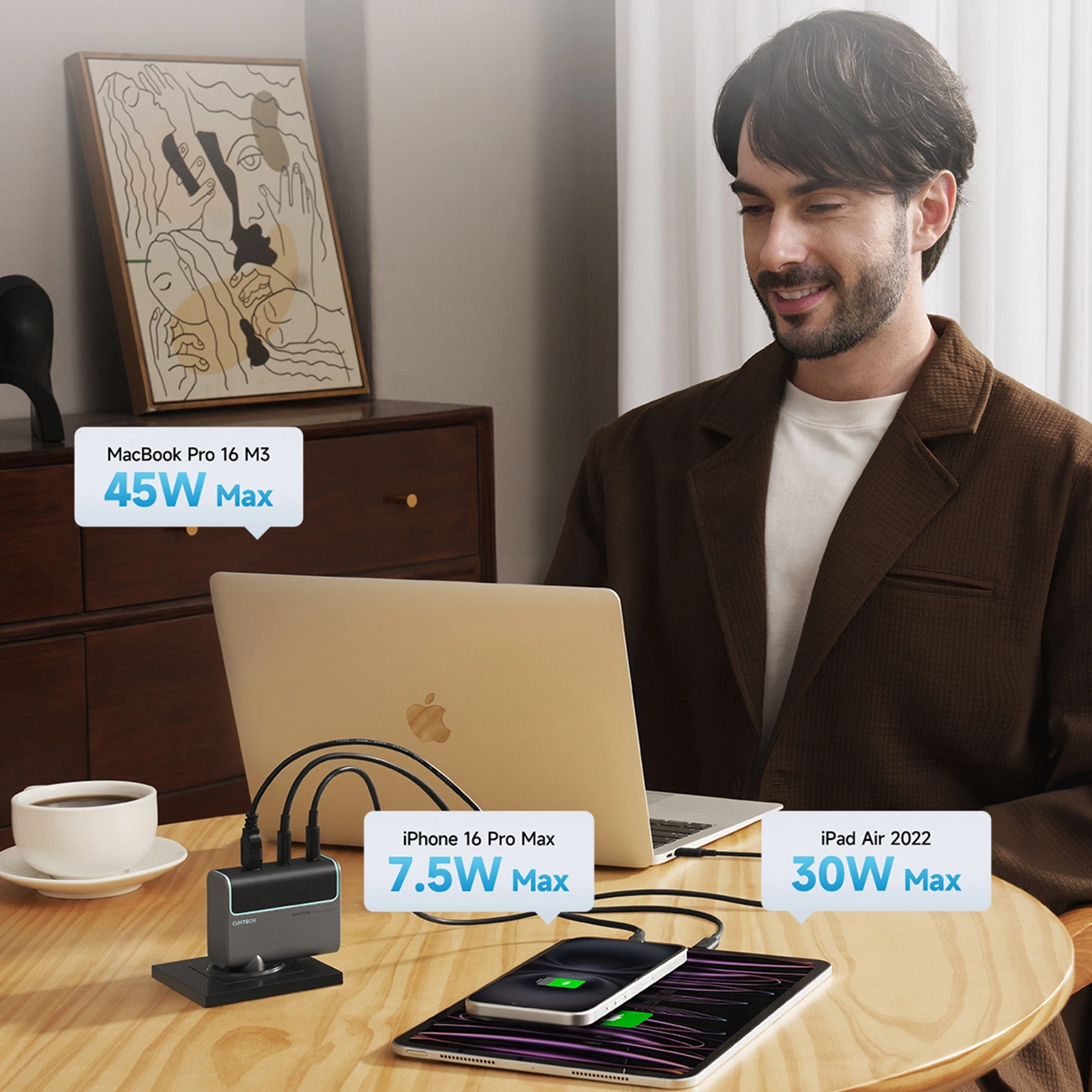 Punjač za mrežu s USB-C kabelom Cuktech, 100W, 5A, 1 x USB-A - 2 x USB-C, Sivi CUKAD1003EUG