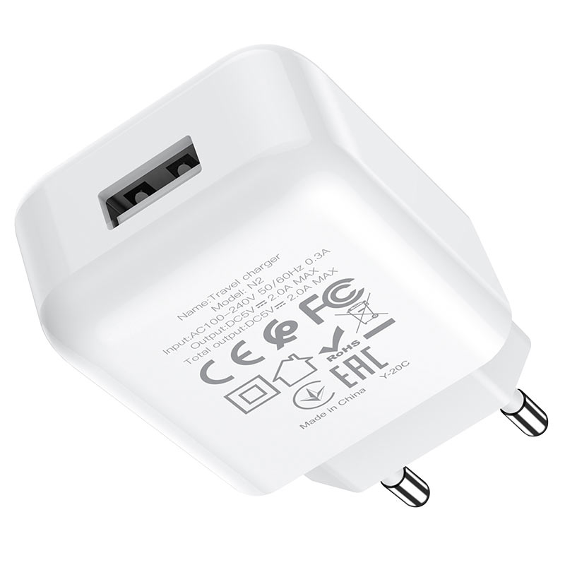 Punjač za mrežu s Lightning kabelom HOCO N2, 10W, 2A, 1 x USB-A, Bijeli