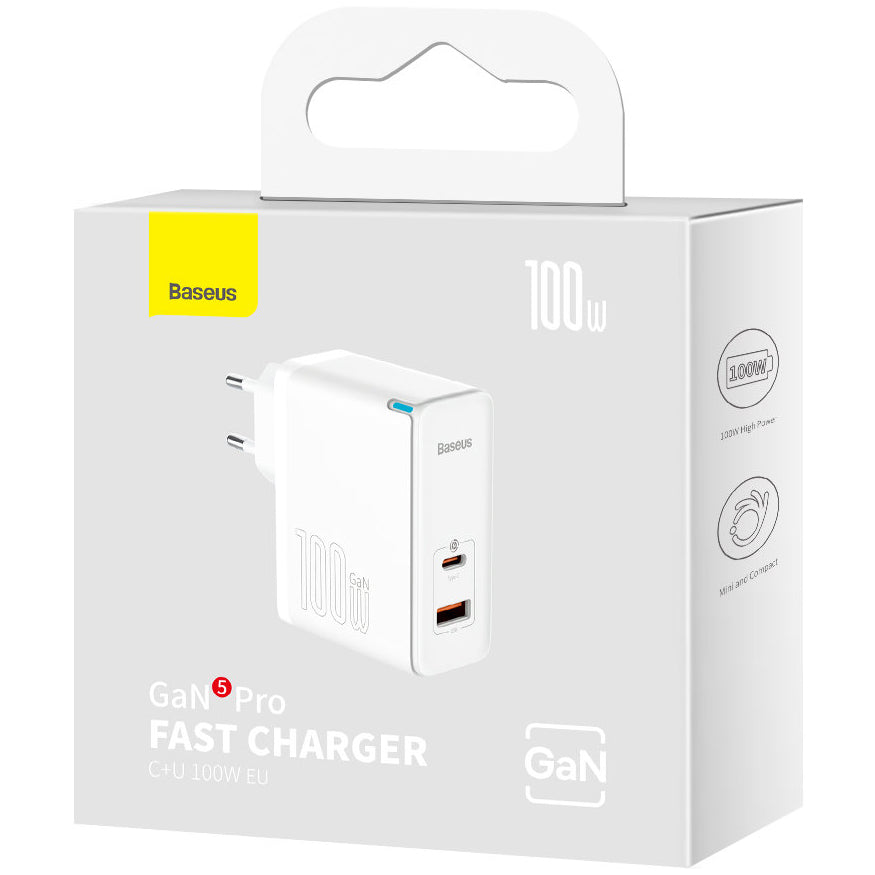 Mrežni punjač s USB-C kabelom Baseus GaN5 Pro, 100W, 3A, 1 x USB-A - 1 x USB-C, Bijeli CCGP090202