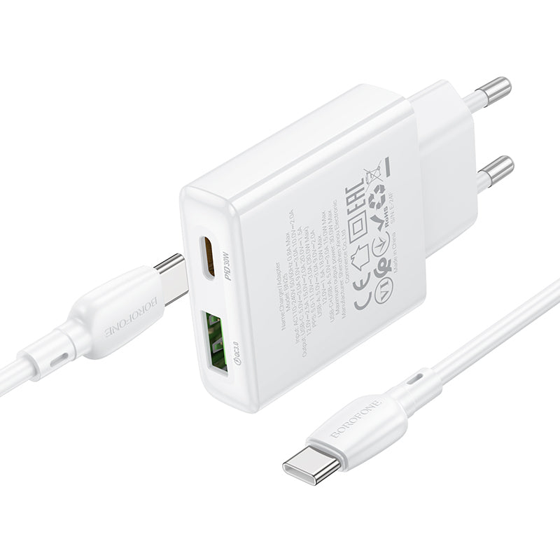 Mrežni punjač s USB-C kabelom Borofone BN25 Wish, 30W, 3A, 1 x USB-A - 1 x USB-C, bijeli