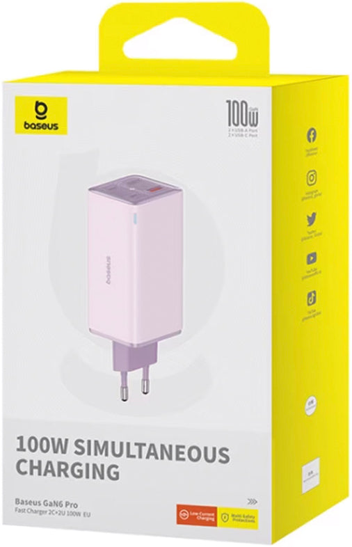 Punjač za mrežu s USB-C kabelom Baseus GaN6 Pro, 100W, 3.25A, 2 x USB-A - 2 x USB-C, Ljubičasti P10162705532-00