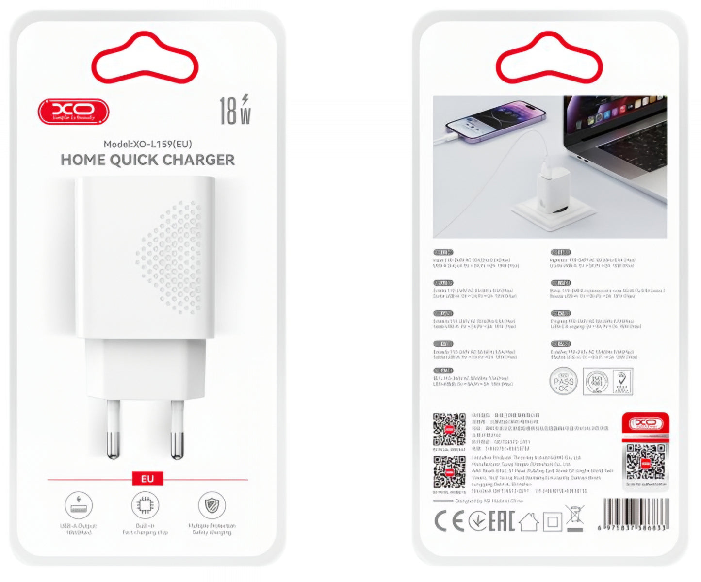Punjač za mrežu s microUSB kabelom XO Design L159, 18W, 3A, 1 x USB-A, Bijeli