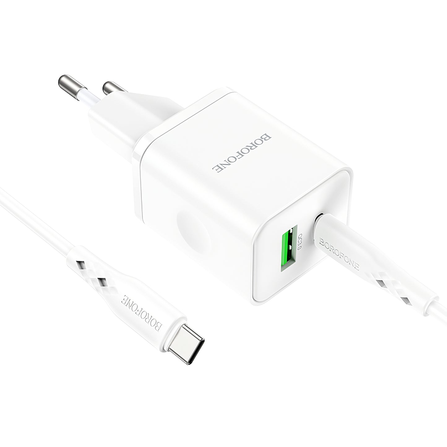 Mrežni punjač s USB-C kabelom Borofone BN7, 20W, 3A, 1 x USB-A - 1 x USB-C, bijeli