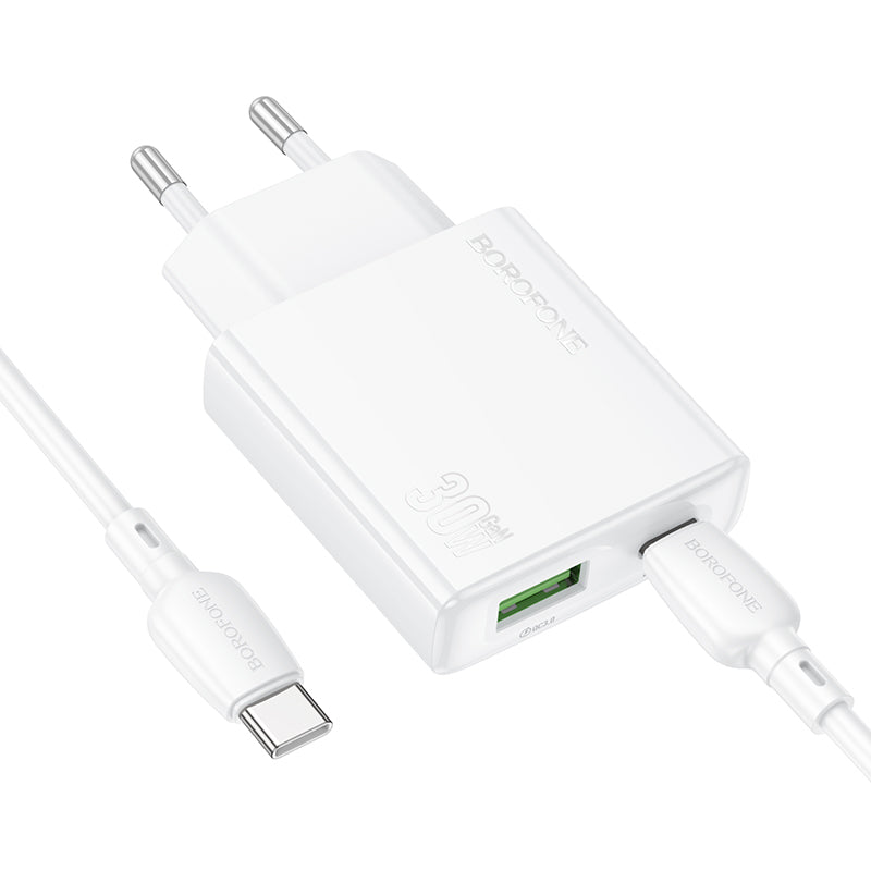 Mrežni punjač s USB-C kabelom Borofone BN25 Wish, 30W, 3A, 1 x USB-A - 1 x USB-C, bijeli