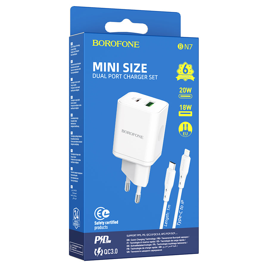 Mrežni punjač s Lightning kabelom Borofone BN7, 20W, 3A, 1 x USB-A - 1 x USB-C, Bijeli