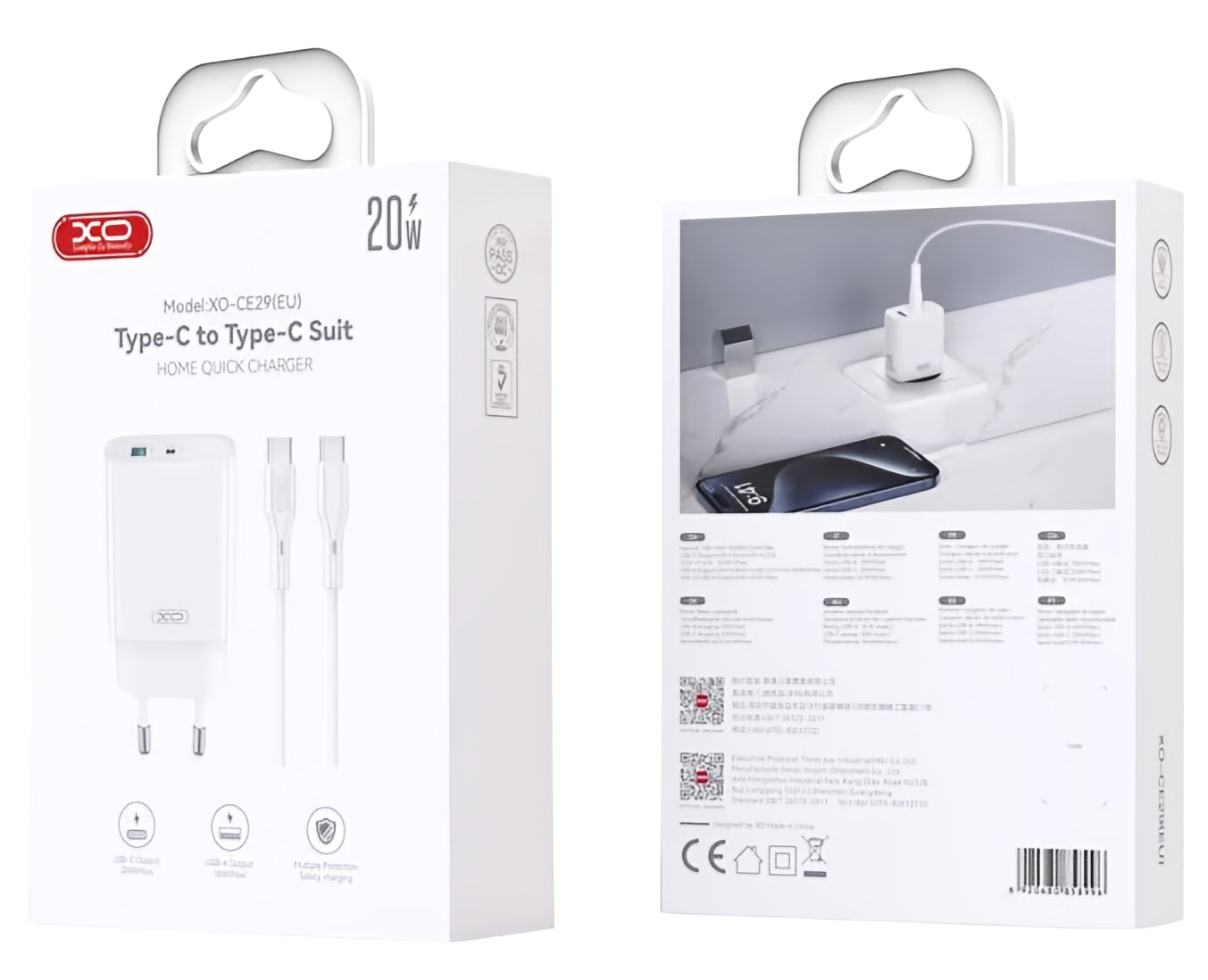 Mrežni punjač s USB-C kabelom XO Design CE29, 20W, 3A, 1 x USB-A - 1 x USB-C, Bijeli
