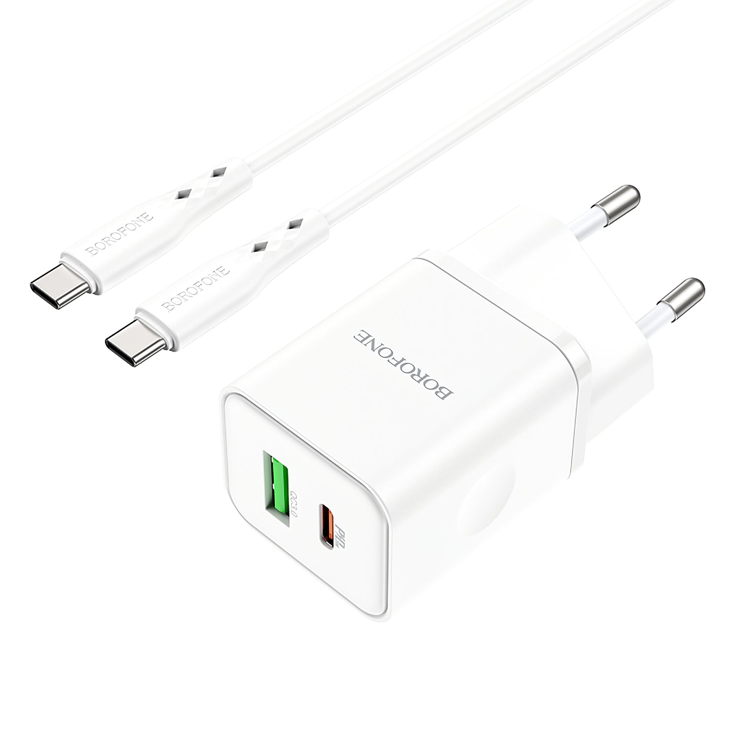 Mrežni punjač s USB-C kabelom Borofone BN7, 20W, 3A, 1 x USB-A - 1 x USB-C, bijeli