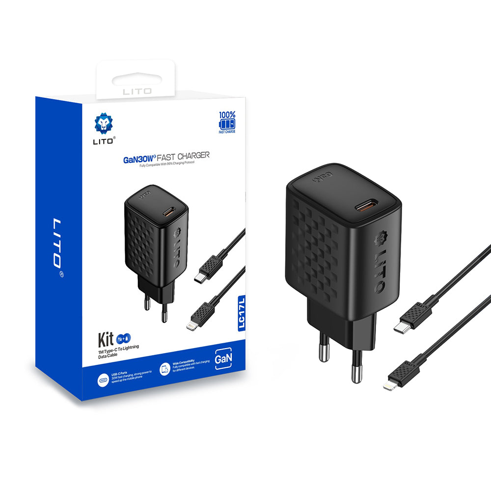 Punjač za mrežu s Lightning kabelom Lito LC17L, 30W, 3A, 1 x USB-C, Crni