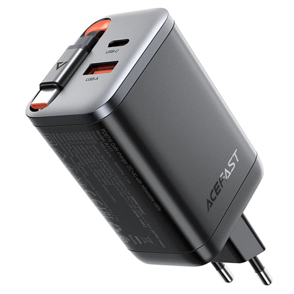 Mrežni punjač s USB-C kabelom Acefast A111, 67W, 3A, 1 x USB-A - 1 x USB-C, Crni