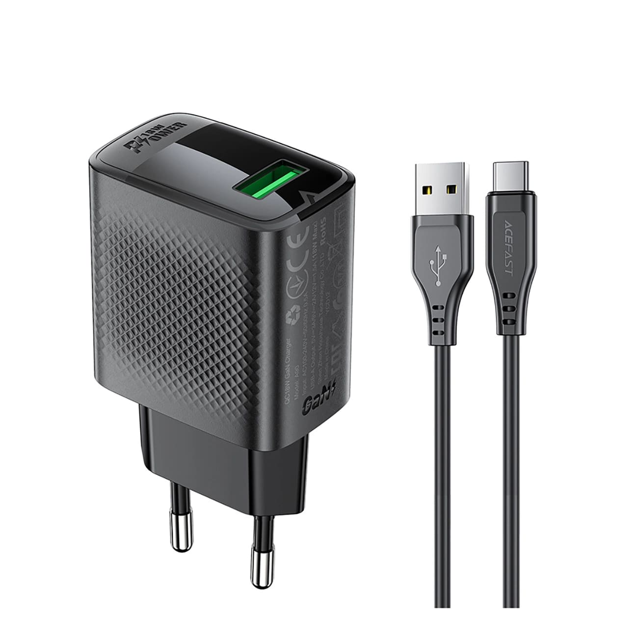 Mrežni punjač s USB-C kabelom Acefast A90, 18W, 3A, 1 x USB-A, Crni