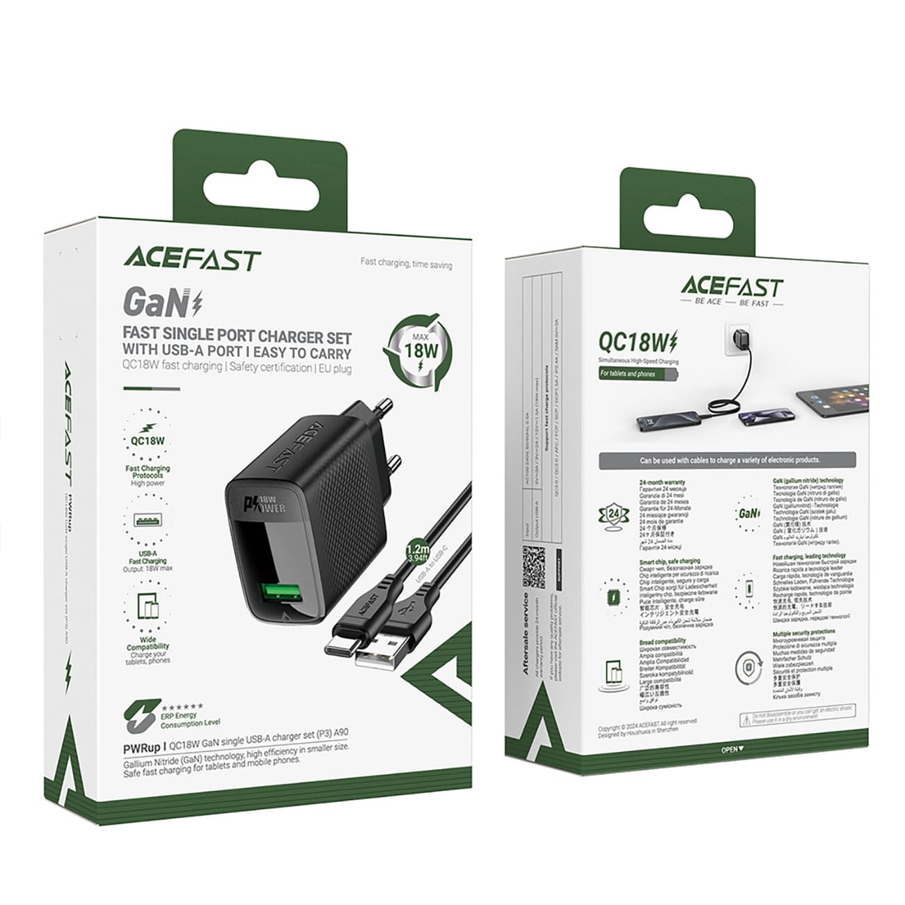 Mrežni punjač s USB-C kabelom Acefast A90, 18W, 3A, 1 x USB-A, Crni