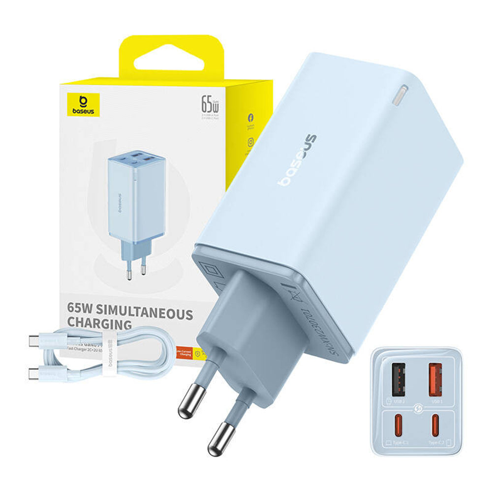 Punjač mreže s USB-C kabelom Baseus GaN6 Pro, 65W, 3.25A, 2 x USB-A - 2 x USB-C, Plavi E0121D00
