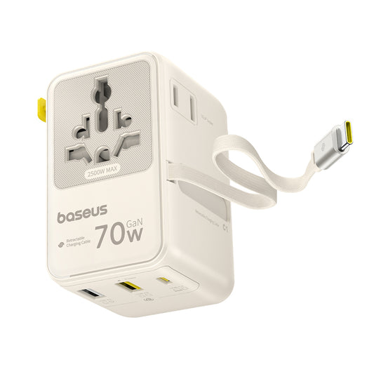 Punjač za mrežu s USB-C kabelom Baseus Travel EnerCore CG11, 70W, 2 x utičnica - 1 x USB-C - 2 x USB-A, bijeli E0307E01