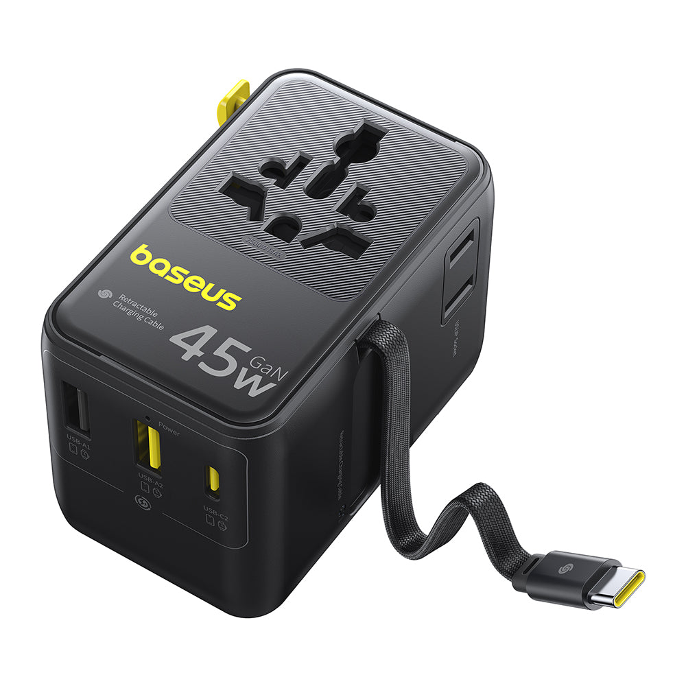 Mrežni punjač s USB-C kabelom Baseus Travel PicoGo AG11, 45W, 2 x utičnica - 1 x USB-C - 2 x USB-A, Crni E0307F00