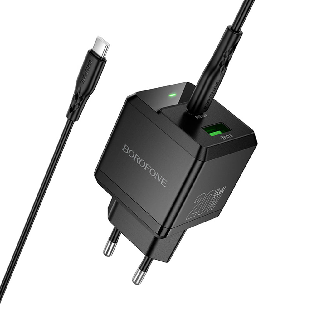 Mrežni punjač s USB-C kabelom Borofone BN19 Intenso, 20W, 3A, 1 x USB-A - 1 x USB-C, Crni