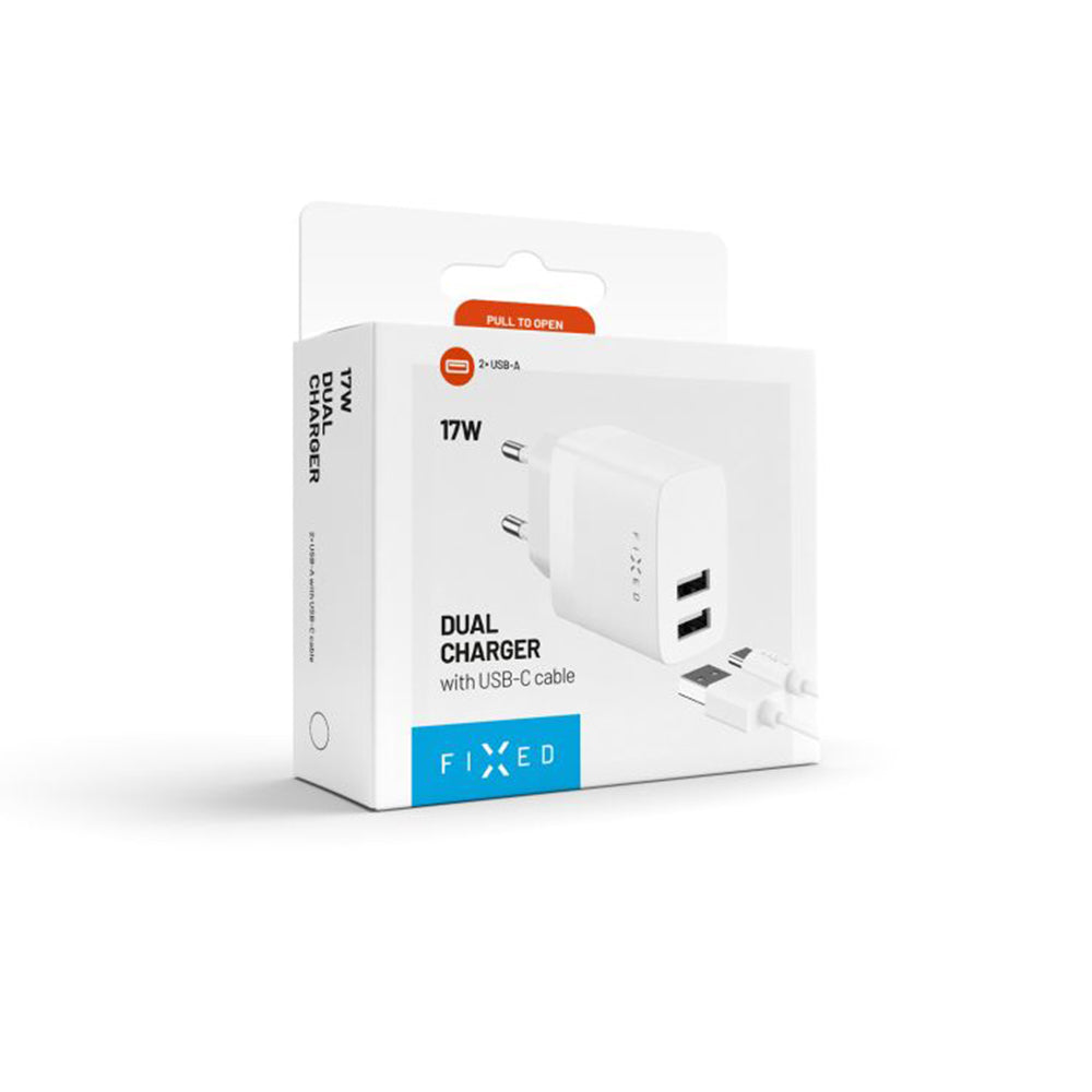 Punjač mreže s USB-C kabelom Fixed, 17W, 3A, 2 x USB-A, Bijeli