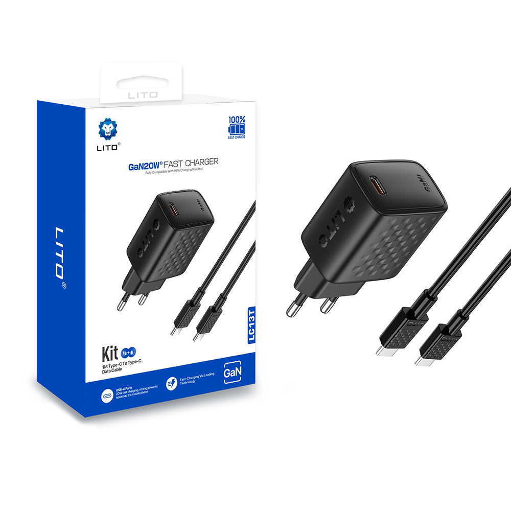 Punjač mreže s USB-C kabelom Lito LC13T, 20W, 3A, 1 x USB-C, Crni