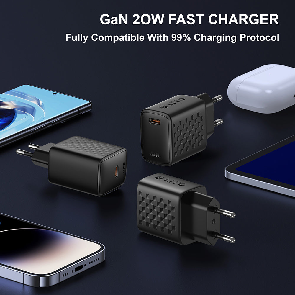 Punjač mreže s USB-C kabelom Lito LC13T, 20W, 3A, 1 x USB-C, Crni