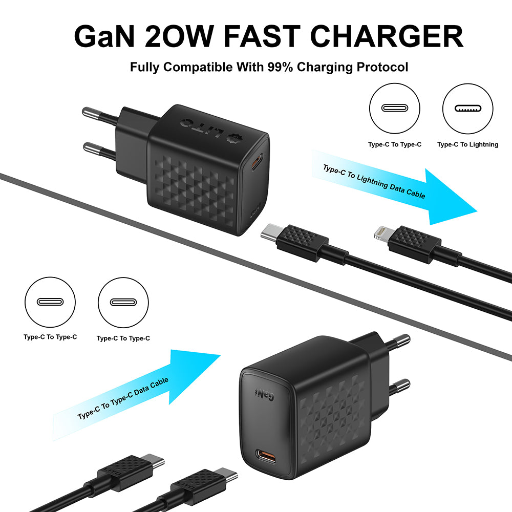 Punjač mreže s USB-C kabelom Lito LC13T, 20W, 3A, 1 x USB-C, Crni