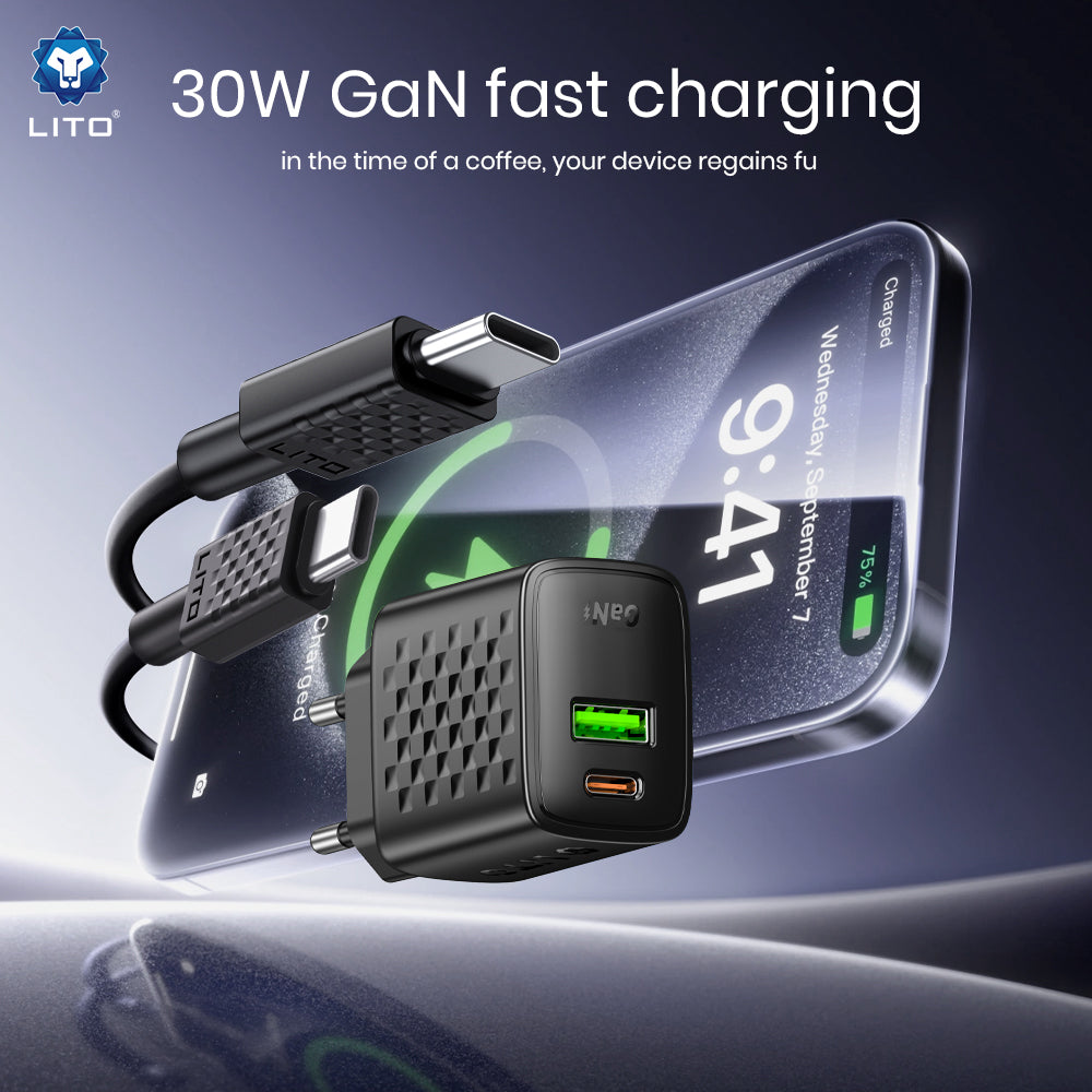 Mrežni punjač s USB-C kabelom Lito LC19T, 30W, 3A, 1 x USB-A - 1 x USB-C, Crni