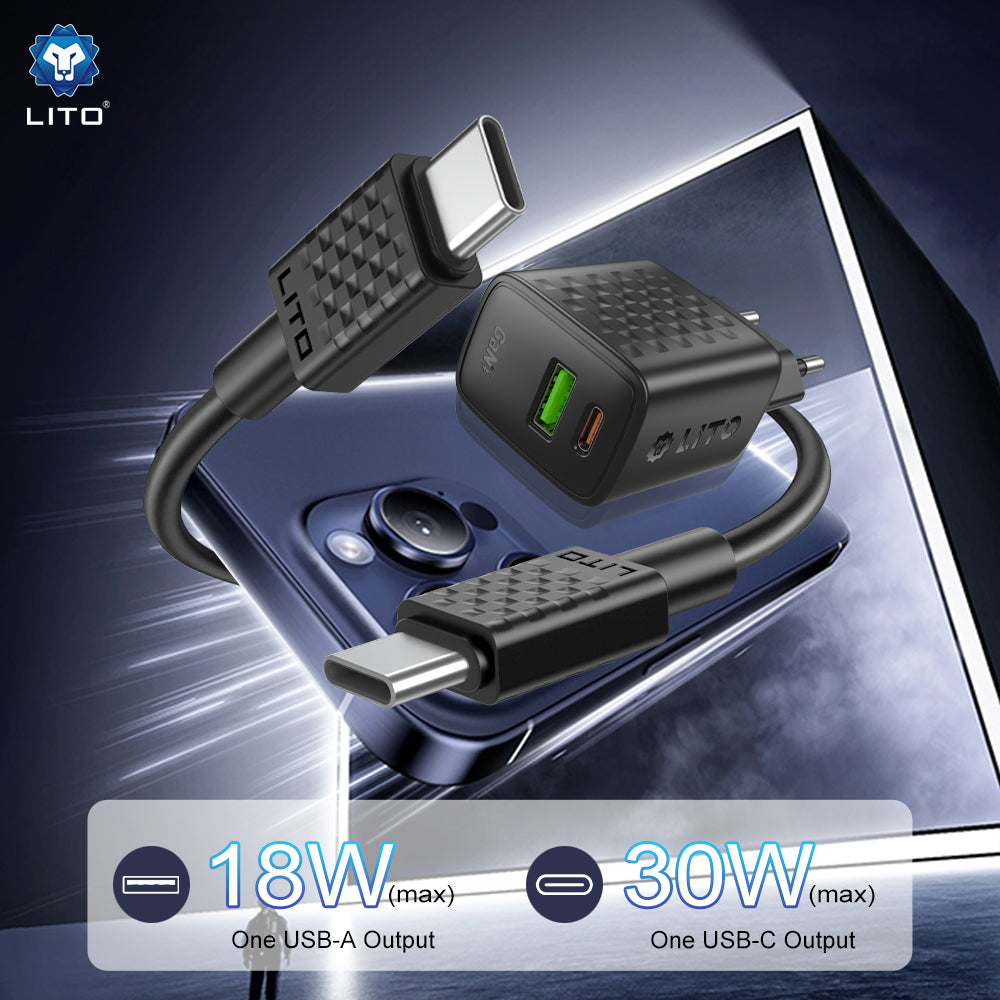 Mrežni punjač s USB-C kabelom Lito LC19T, 30W, 3A, 1 x USB-A - 1 x USB-C, Crni