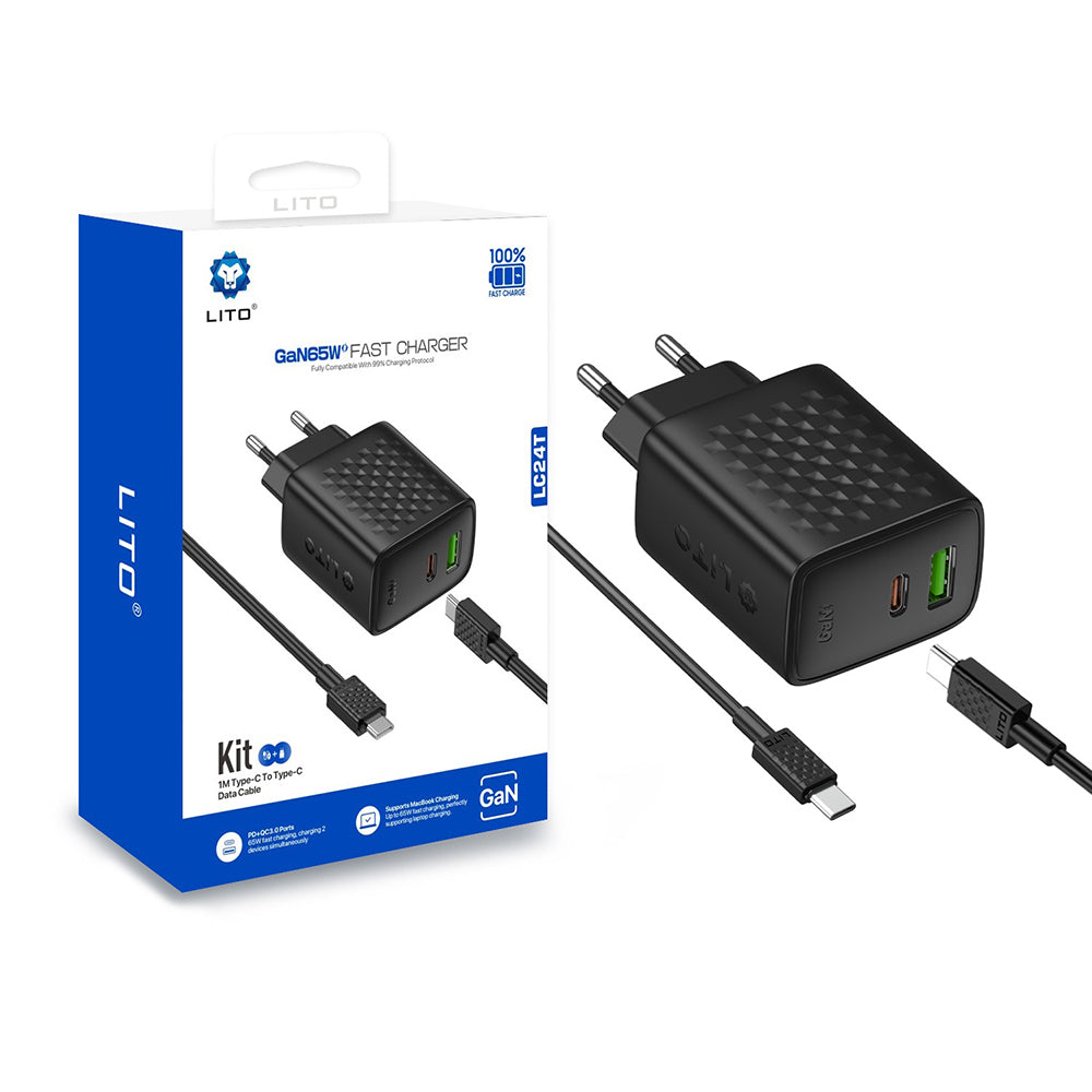 Punjač mreže s USB-C kabelom Lito LC24T, 65W, 3.25A, 1 x USB-A - 1 x USB-C, Crni