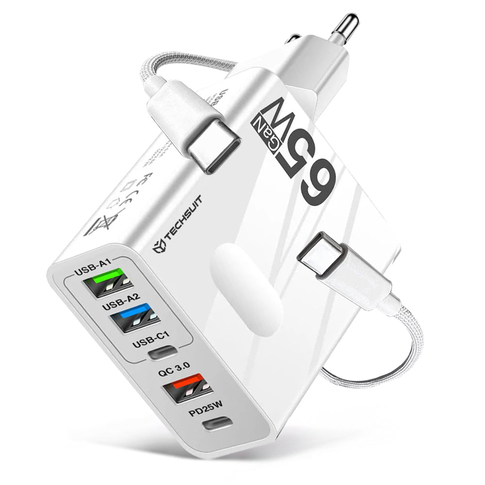 Punjač mreže s USB-C kabelom Techsuit CHC1 PentaXPower, 25W, 3A, 3 x USB-A - 2 x USB-C, Bijeli