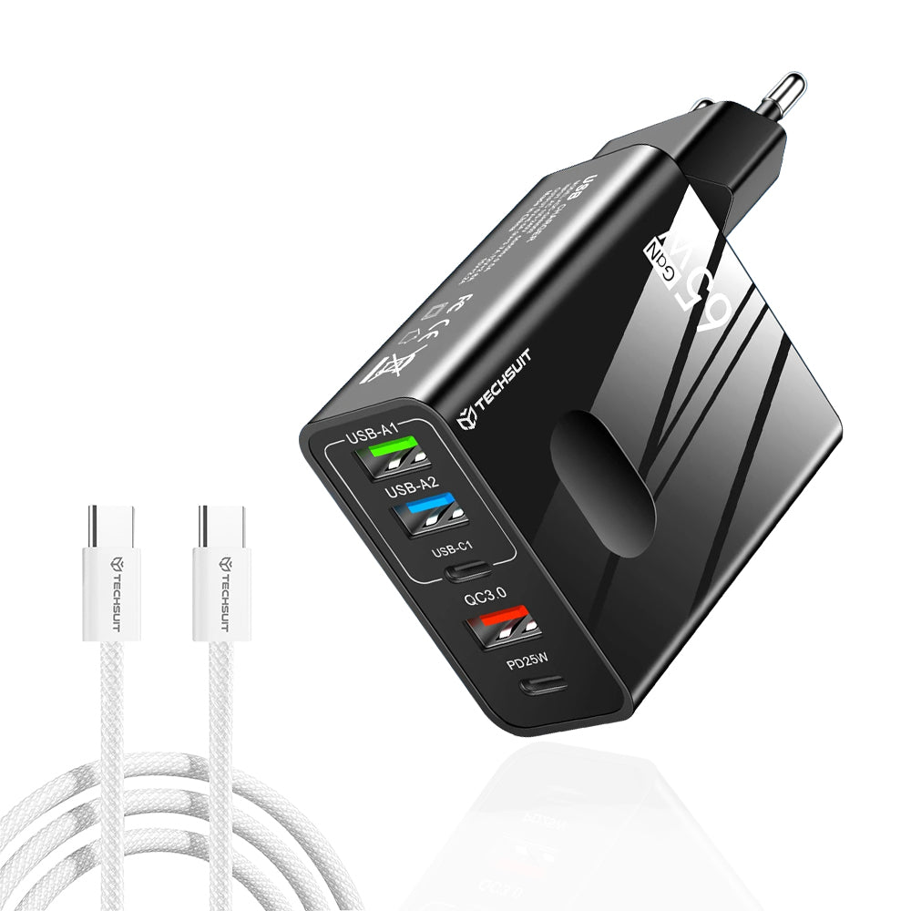 Mrežni punjač s USB-C kabelom Techsuit CHC1 PentaXPower, 25W, 3A, 3 x USB-A - 2 x USB-C, Crni